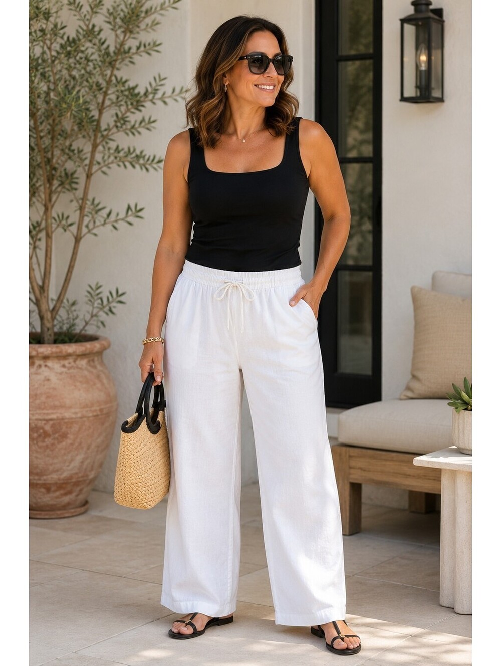 Linen Blend Wide Leg Pants White Oversized Lg Drawstring Pockets, Comfy Coastal